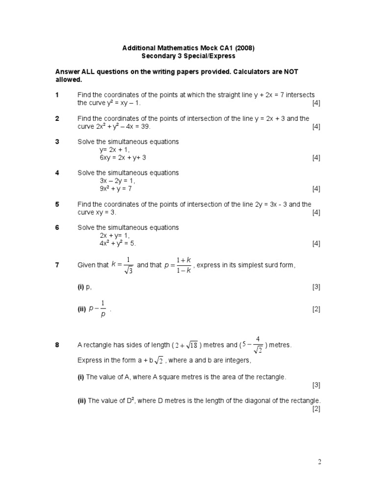 Additional Maths Mock CA1 2008 | PDF | Equations | Algebra