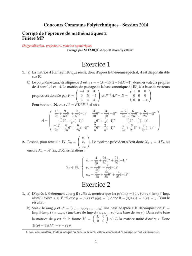 Corrigé Mathématiques Concours 2014 MP | PDF | Valeur propre, vecteur ...