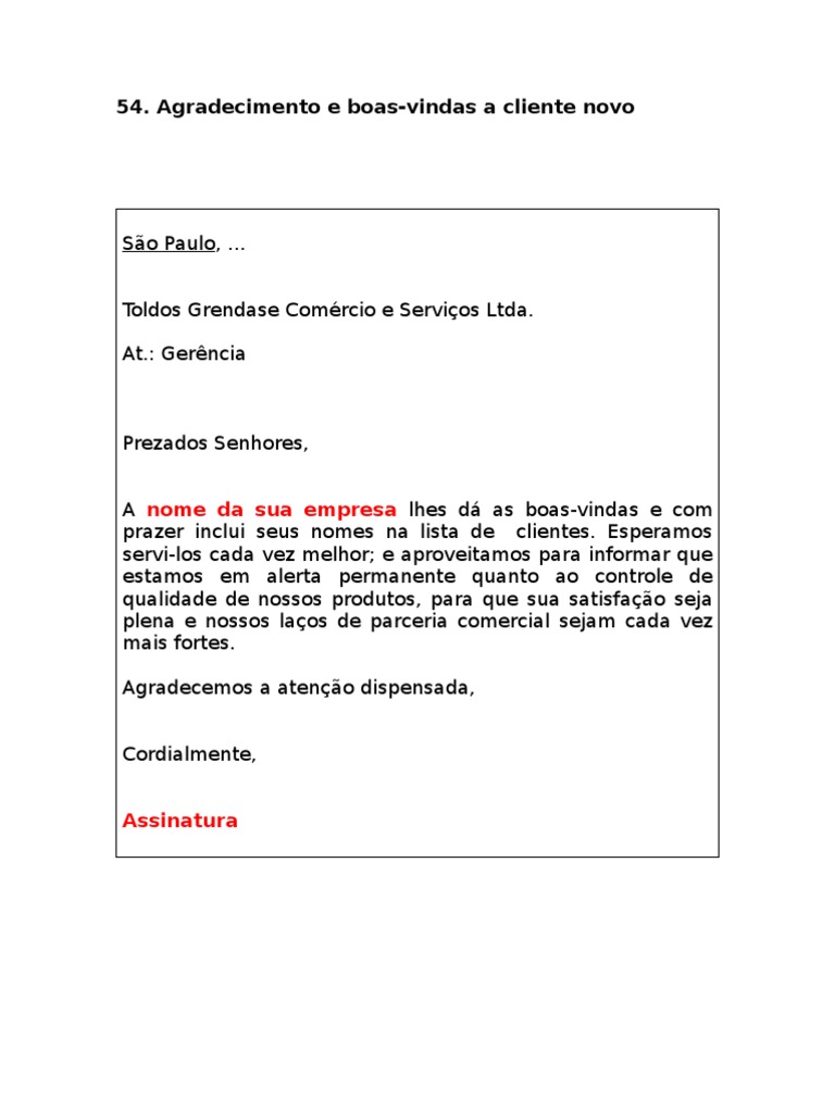 TST  Modelos de Cartas  Agradecimento e BoasVindas A Cliente Novo