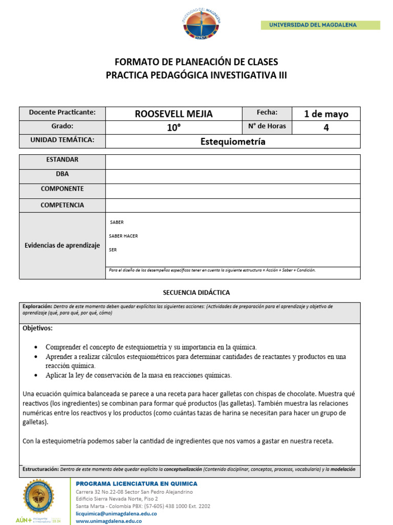 Formato de Planeación de Clases | PDF | Estequiometría | Reacciones ...