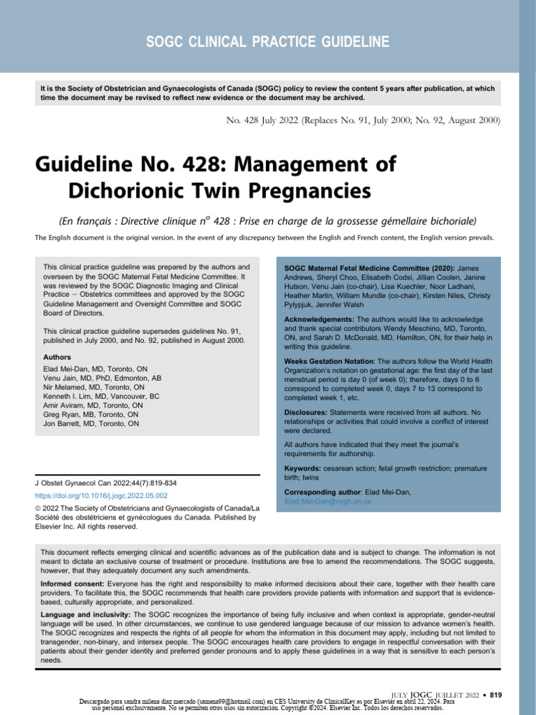 Guideline No 428 Management Of Dichorionic Twin Pregnancies Pdf