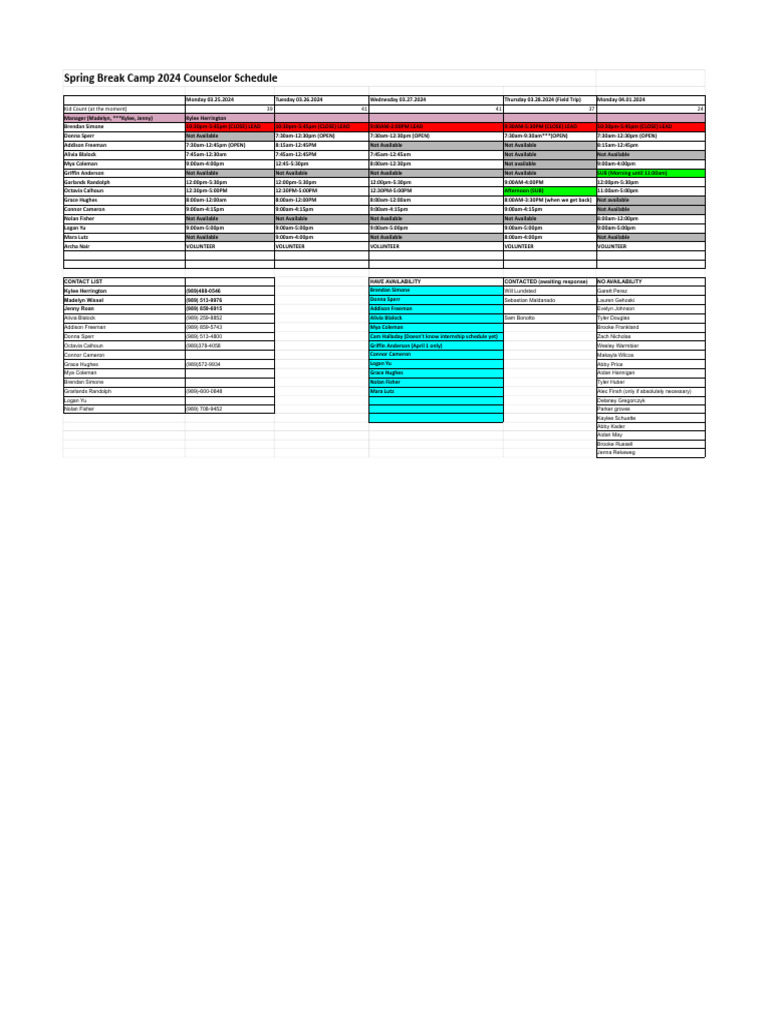 Spring Break Camp 2024 Counselor Schedule | PDF