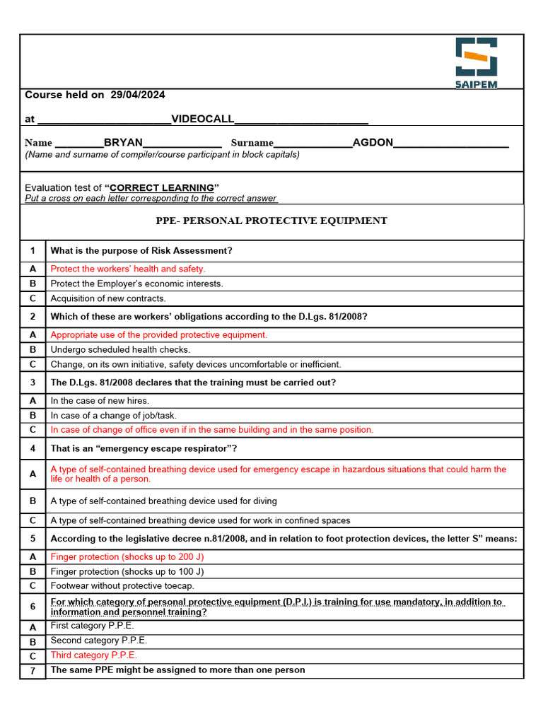 PPE Risk Assessment Evaluation Test | PDF | Personal Protective ...