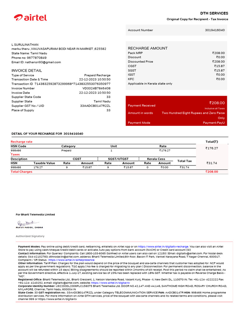 DTH Recharge HSN Code Details | PDF | Credit Card | Payments
