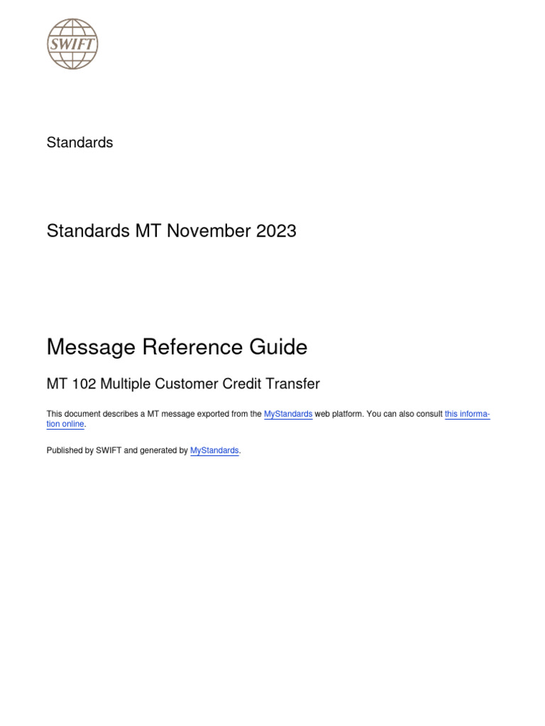 MT 102 Customer Credit Transfer Guide | PDF | Debit Card | Financial ...