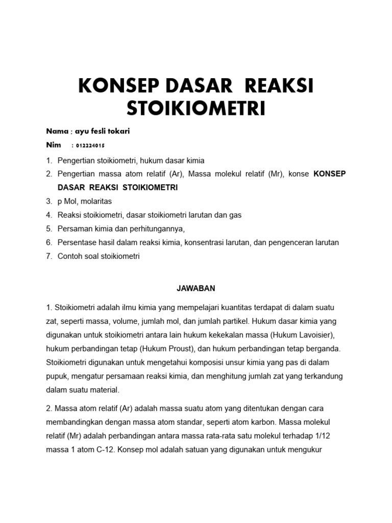 Tugas Konsep Dasar Reaksi Stoikiometri | PDF | Metode & Bahan Ajar ...