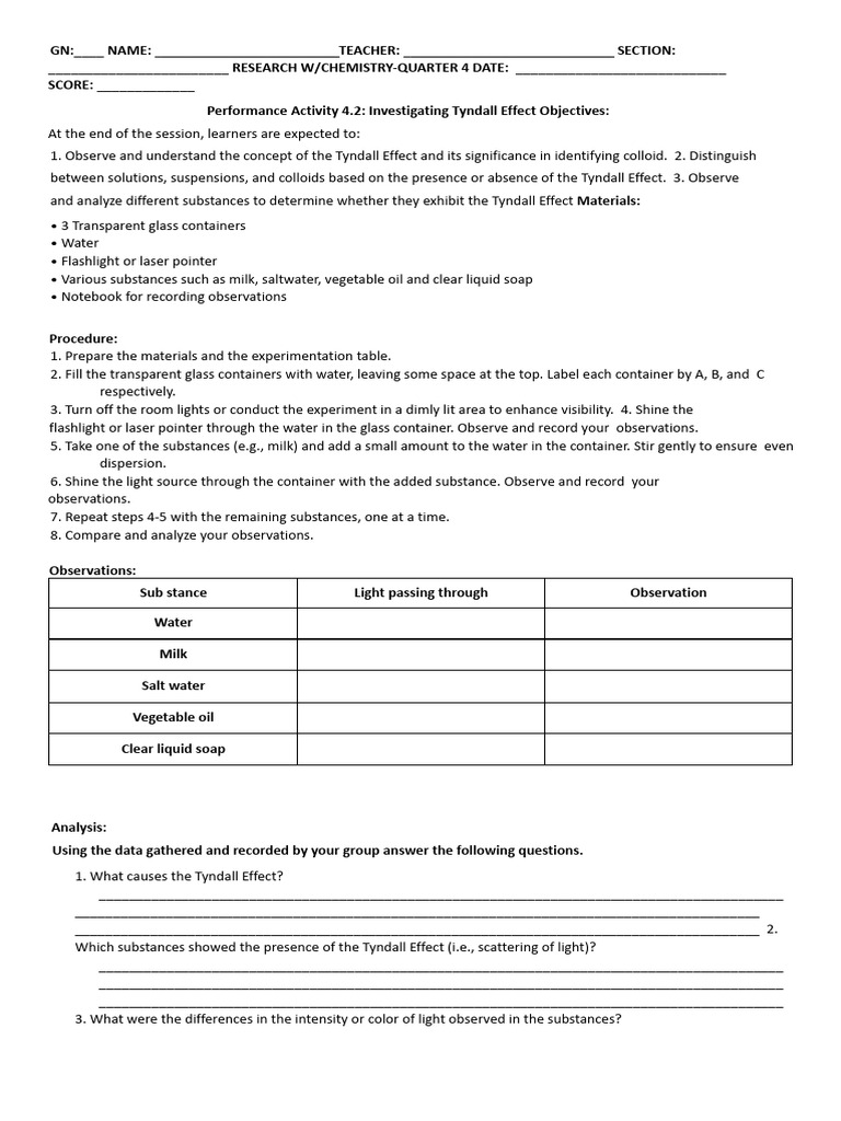 Tyndall Effect Experiment Guide | PDF | Colloid | Light