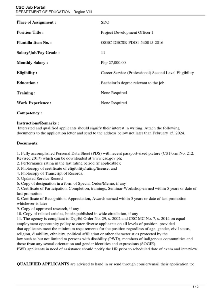DEPARTMENT OF EDUCATION-Project Development Officer I | PDF | Equality ...