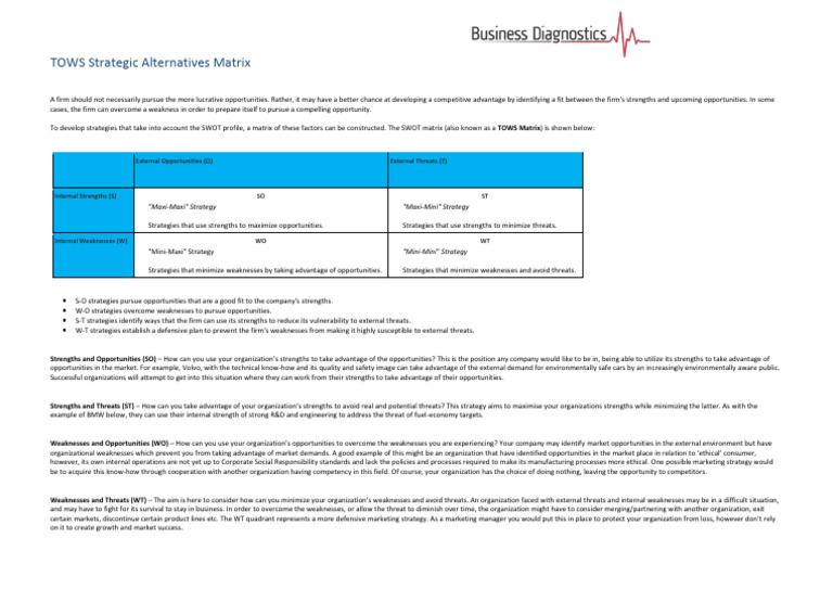 TOWS Matrix for Strategic Planning | PDF | Swot Analysis | Marketing