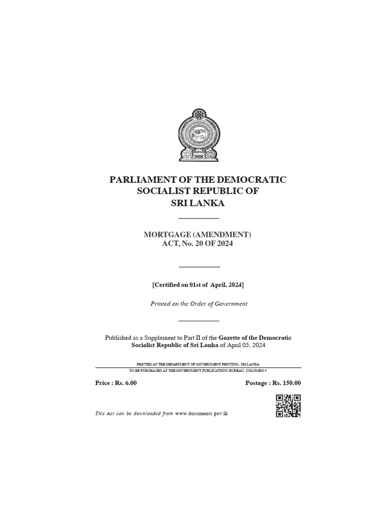 Mortgage Amendment Act 2024 Sri Lanka PDF Sri Lanka Justice