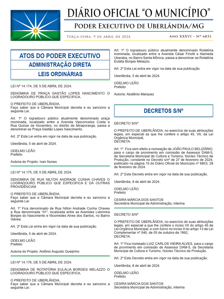 Diário Oficial "O Município": Poder Executivo de Uberlândia/MG | PDF ...