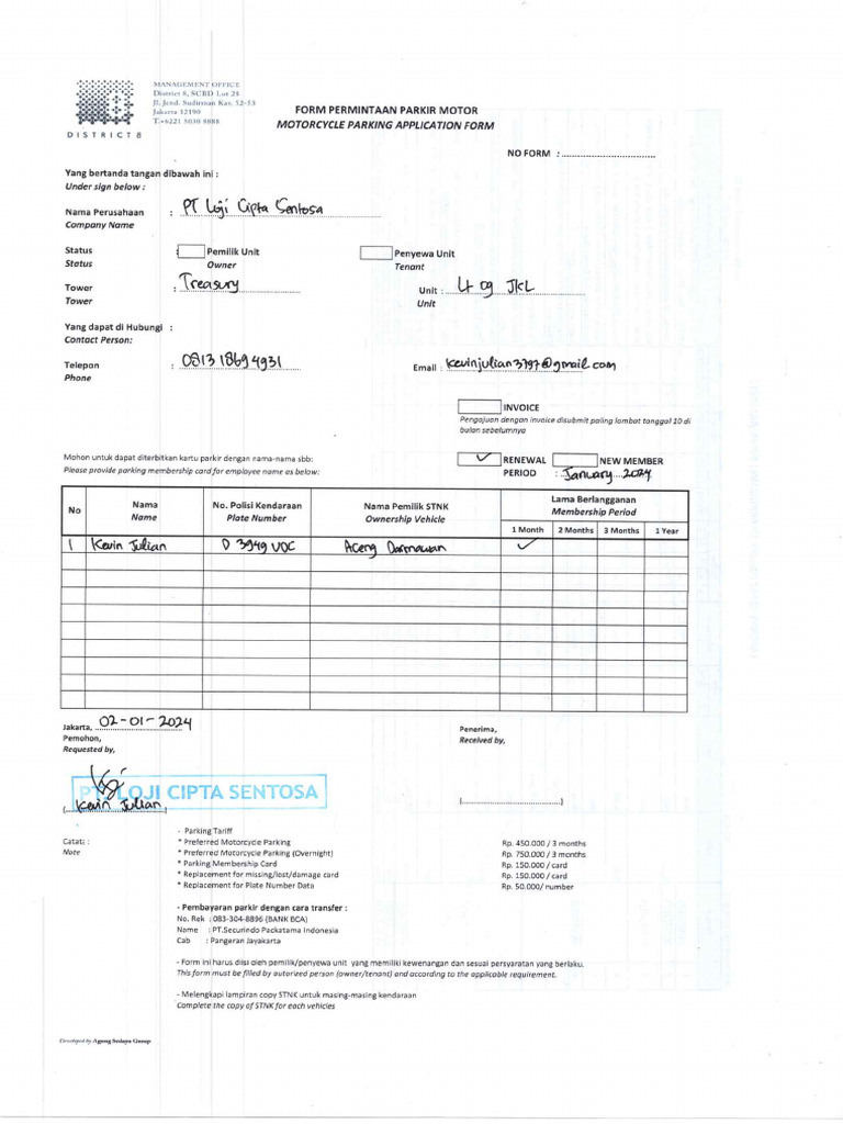 Form Parkir D 3949 VDC Jan 2024 | PDF