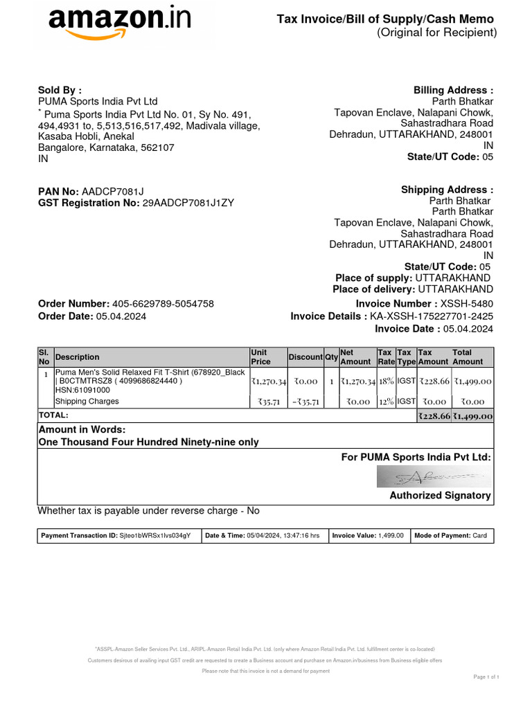 PUMA Invoice for Amazon Purchase | PDF | Invoice | Business