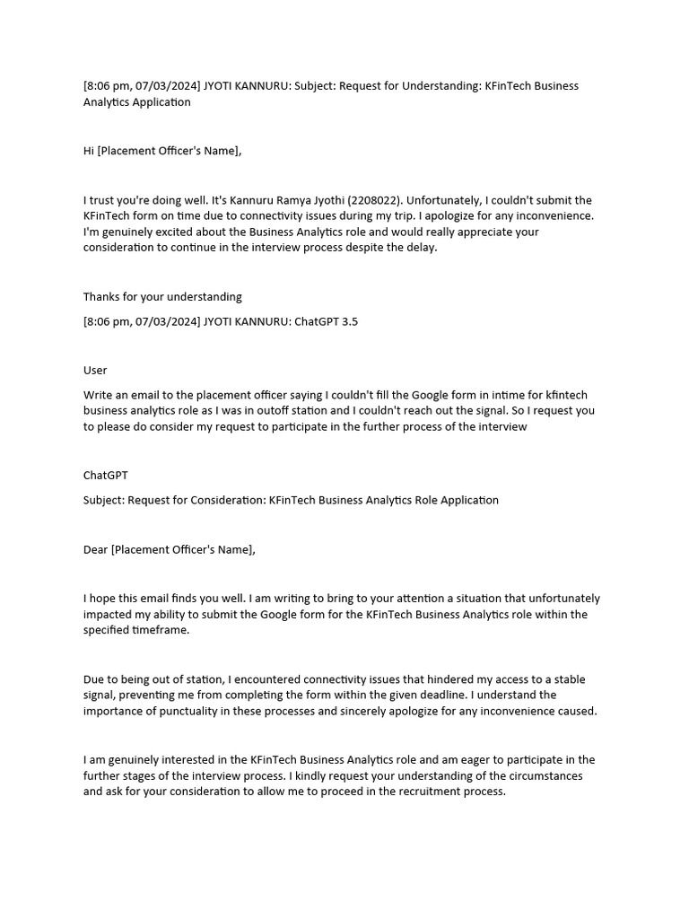 KFinTech Application Delay Request | PDF | Human Communication