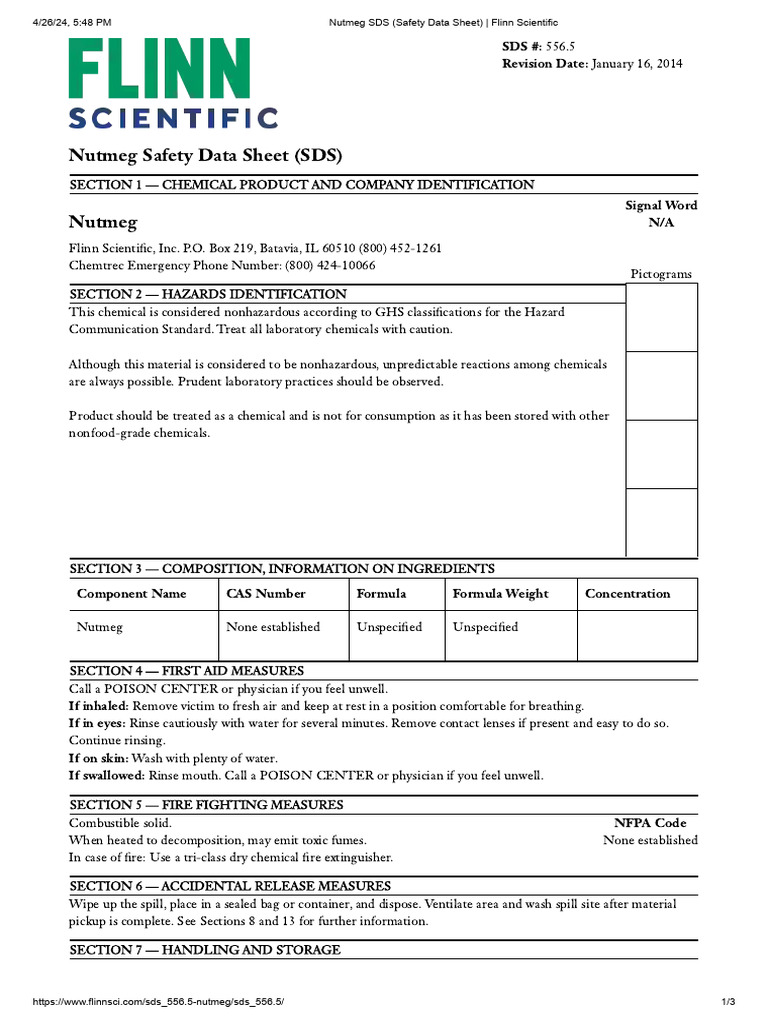 Nutmeg SDS (Safety Data Sheet) Flinn Scientific PDF Working