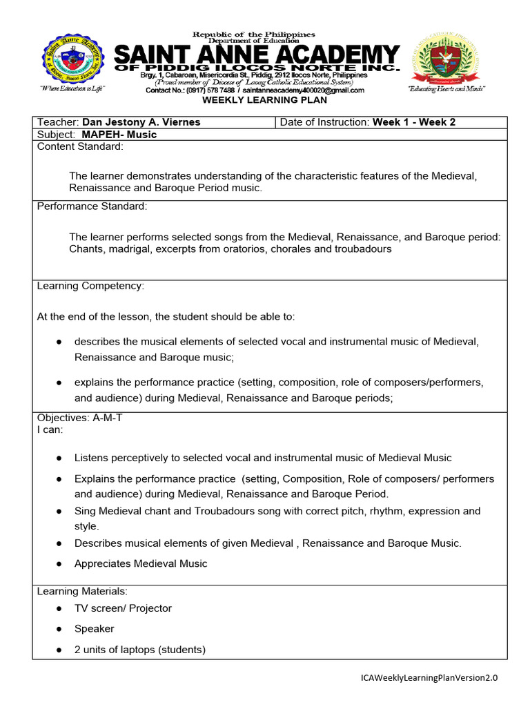 MUSIC-Learning-Plan - MAPEH-1ST QUARTER Week-1-8 | PDF | Evaluation ...