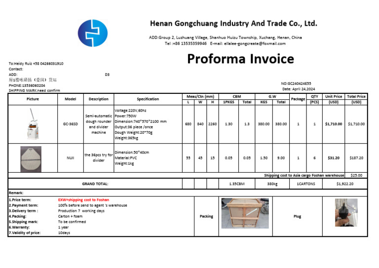 Proforma Invoice: Henan Gongchuang Industry and Trade Co., LTD | PDF