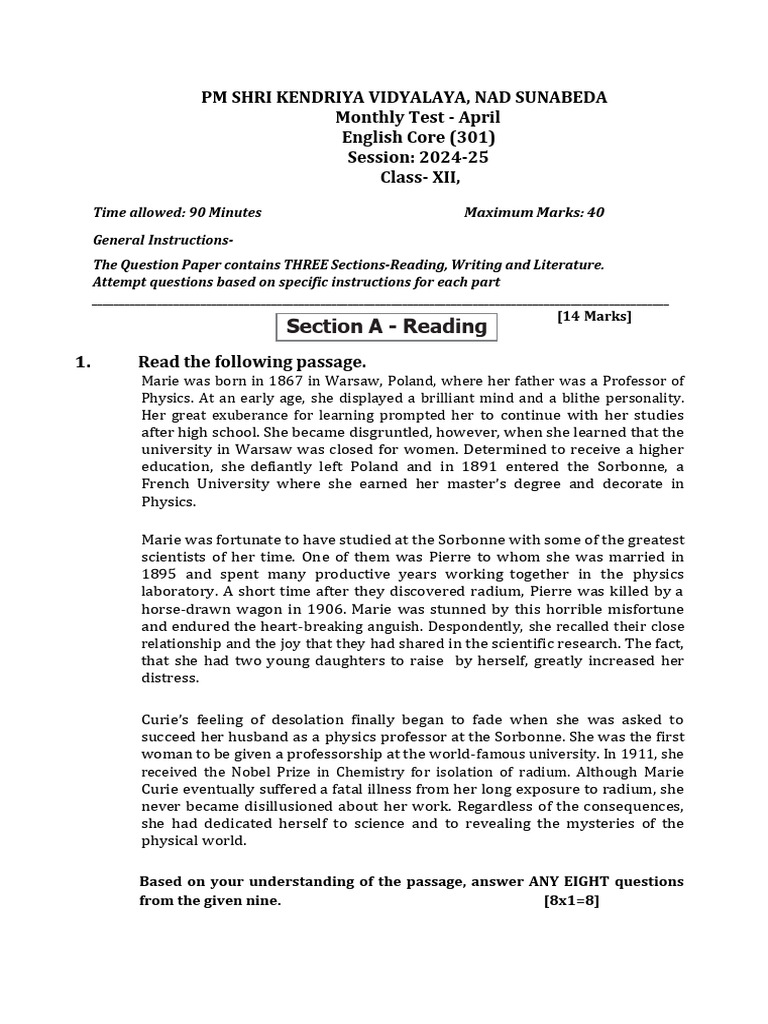 Pm shri kendriya vidyalaya nad sunabeda monthly test april english