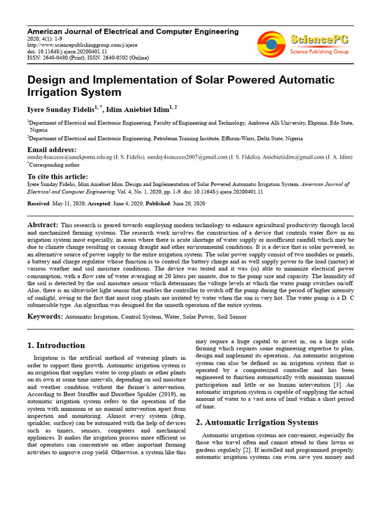 Design and Implementation of Solar Powered Automatic | PDF | Irrigation ...