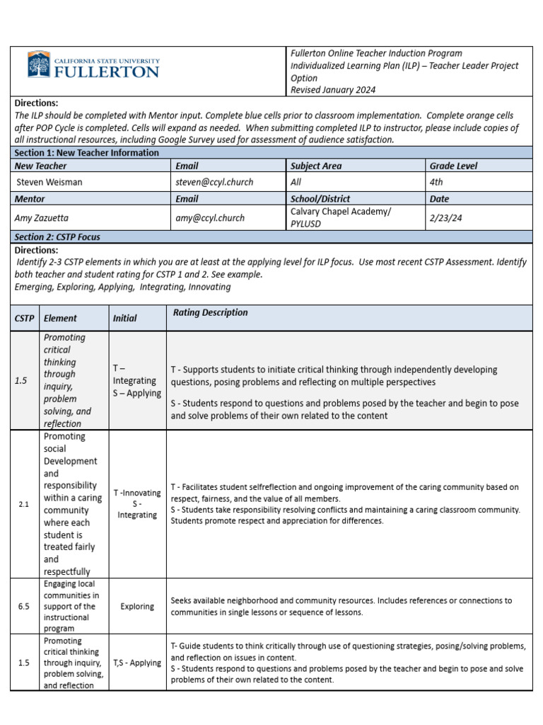 Fullerton Teacher Induction ILP Guide | PDF | Teachers | Critical Thinking