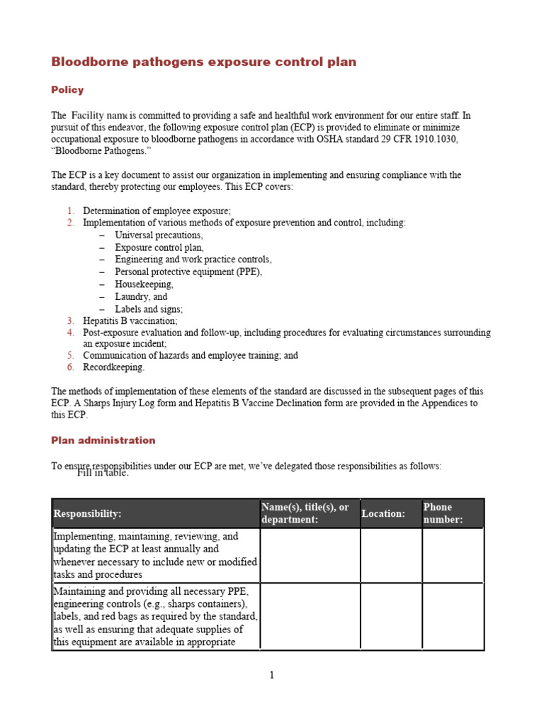 Bloodborne Pathogens Plan PDF Hepatitis B Personal Protective