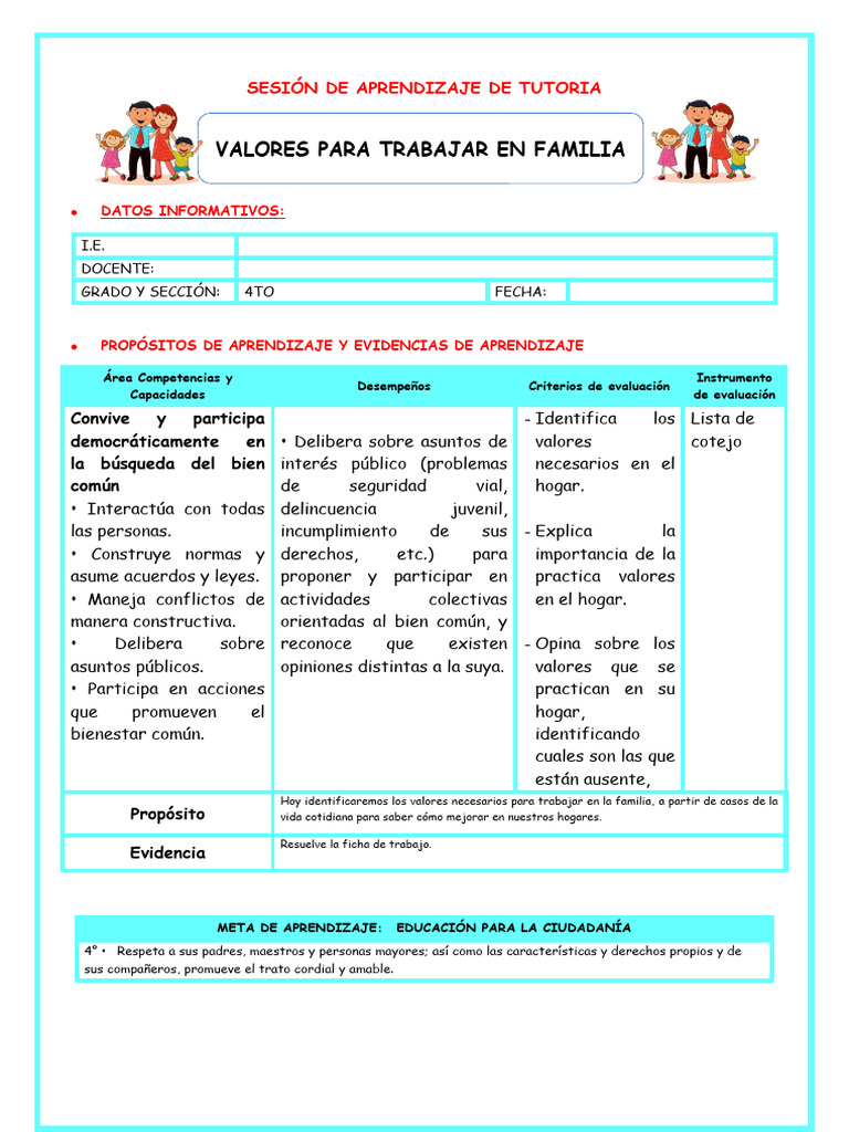 Valores Familiares en la Tutoria 4° | PDF | Familia | Evaluación