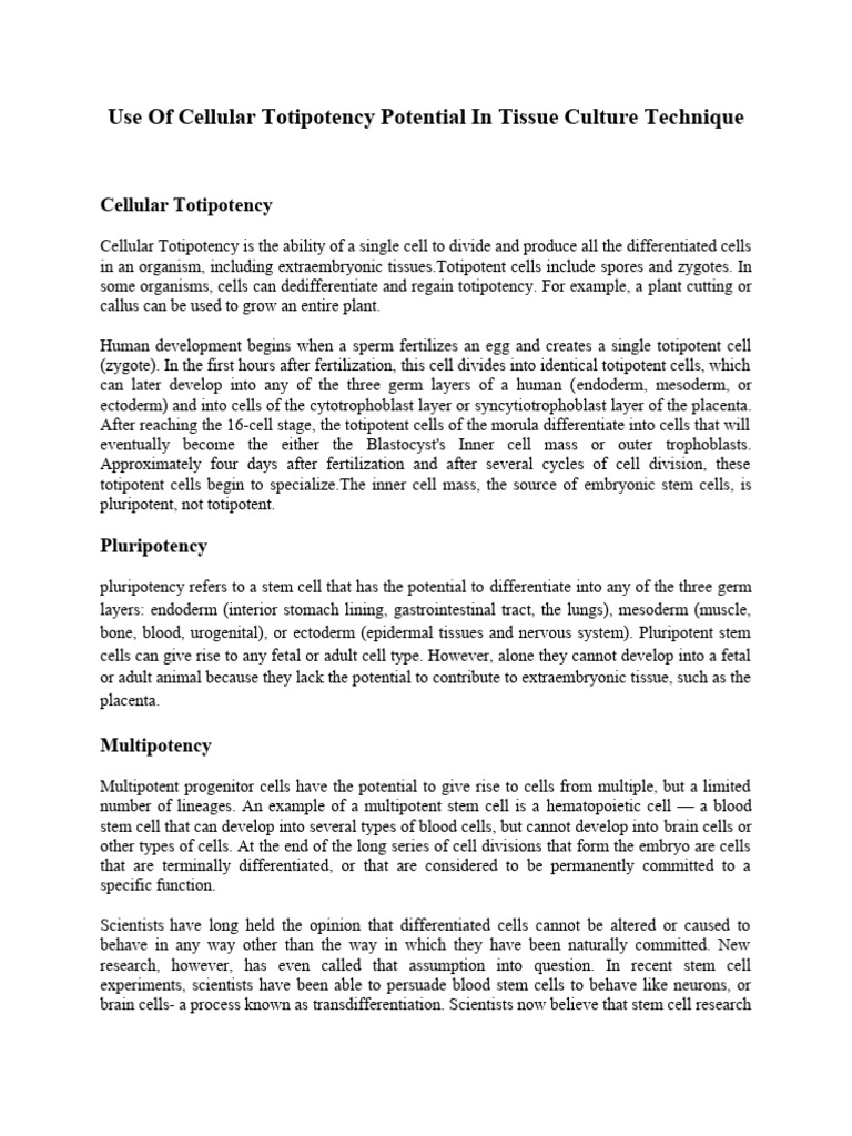 Cellular Totipotency in Plant Tissue Culture | PDF | Cell Potency ...