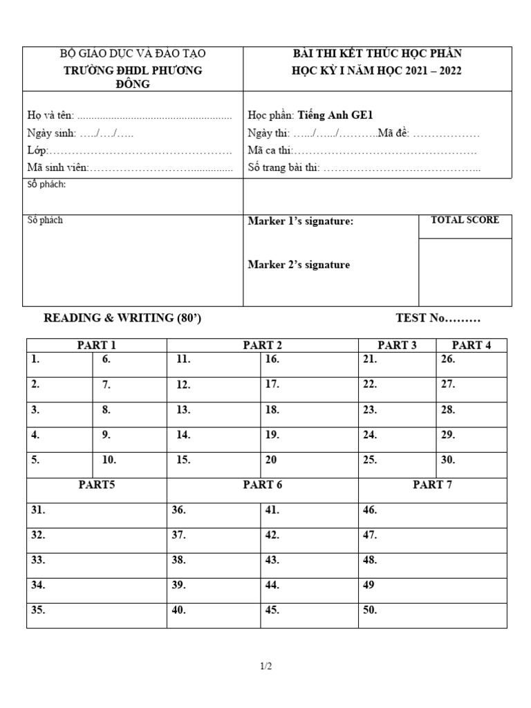 Answer Sheet GE1-2021 | PDF