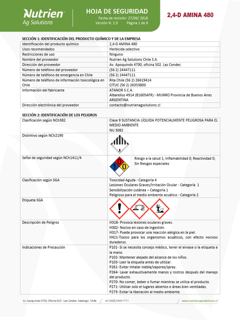 Hoja De Seguridad 2 4 D Amino 480 PDF Agua