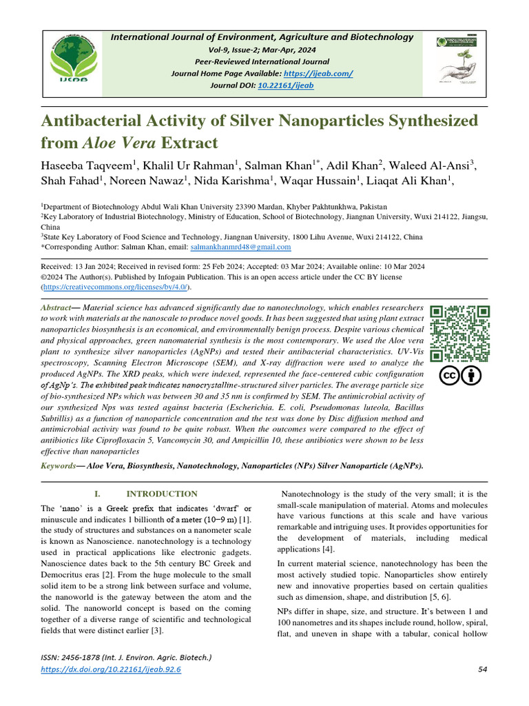 Antibacterial Activity of Silver Nanoparticles Synthesized From Aloe ...