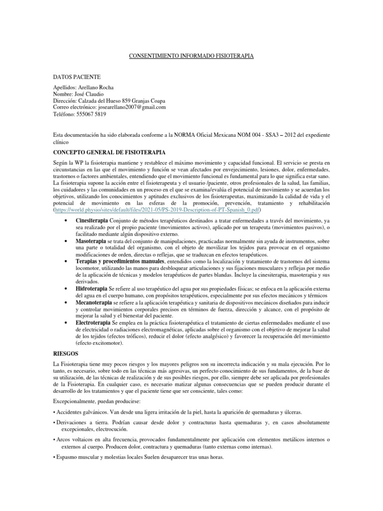 Consentimiento Informado en Fisioterapia | PDF | Terapia física | Medicina
