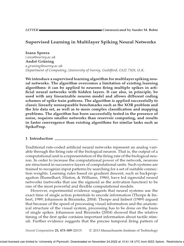 Supervised Learning in Multilayer Spiking Neural Networks | PDF ...