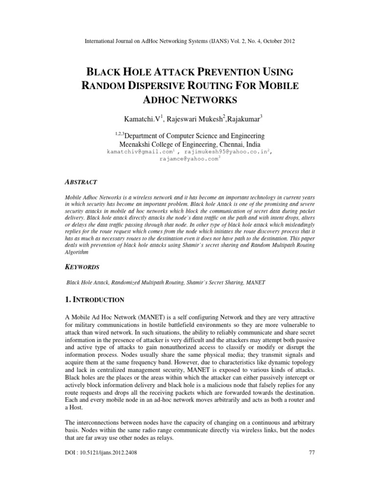 Black hole attack prevention using random dispersive routing for mobile
