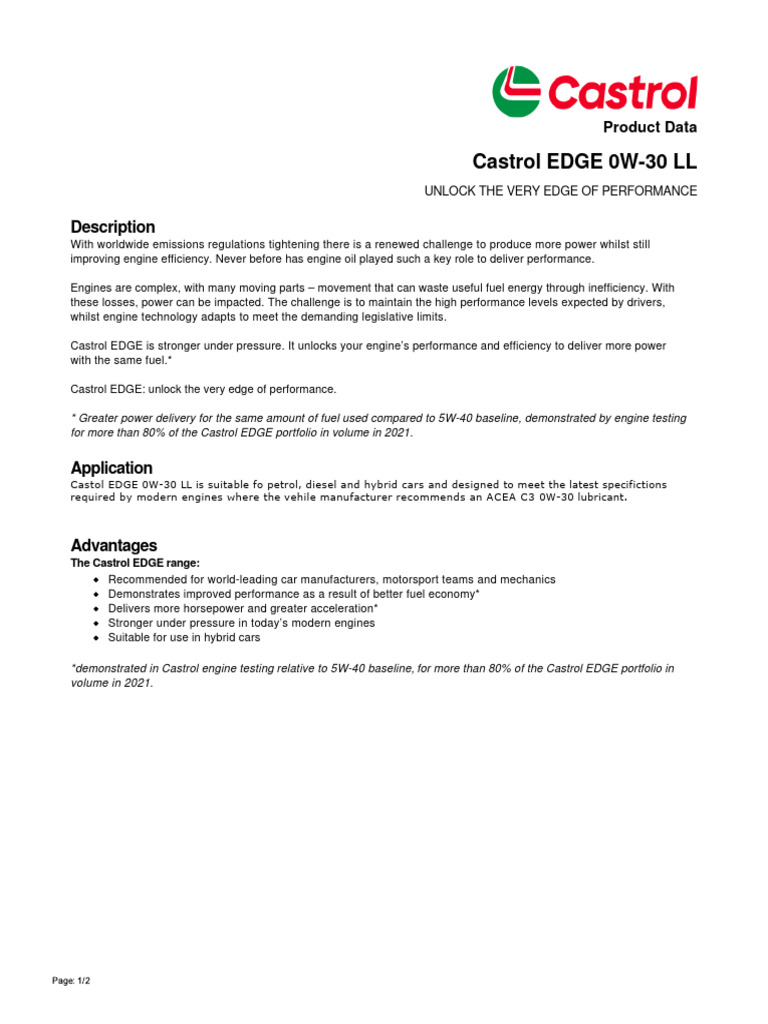 Castrol EDGE 0W-30 LL Product Overview | PDF | Engines | Hybrid Vehicle