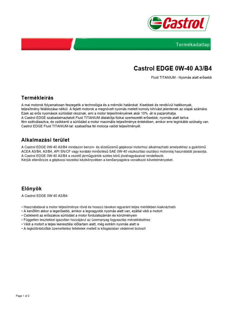 Castrol Edge Titanium 0w 40 A3 b4 Technikai Adatlap 36782 | PDF