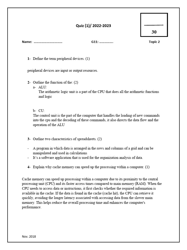 Computer Science Quiz: Peripheral Devices & Memory | PDF | Computer ...