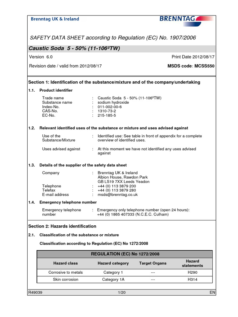 Caustic Soda Safety Data Sheet | PDF | Sodium Hydroxide | Toxicity