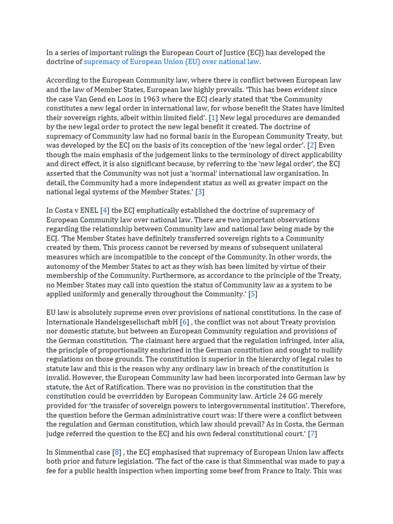 Supremacy of EU Law | PDF | European Court Of Justice | European Union Law