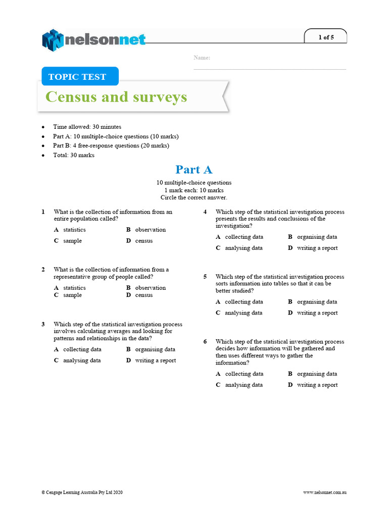 Census and Surveys Topic Test | PDF | Sampling (Statistics) | Statistics