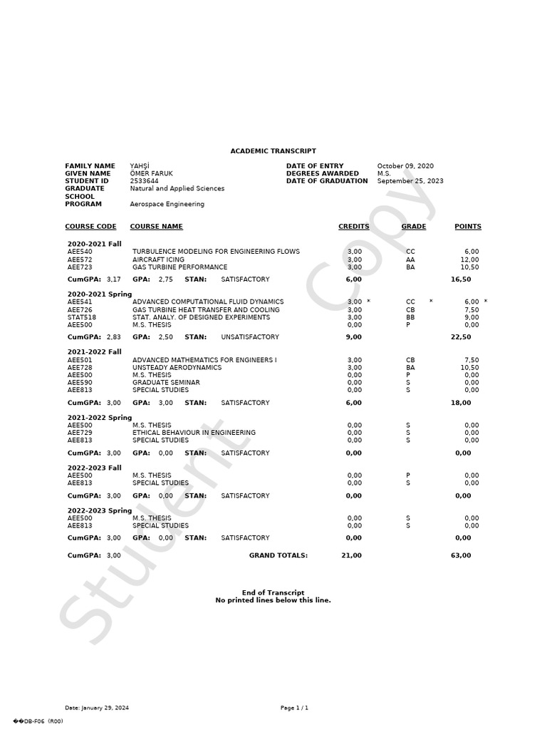 Ömer Faruk Yahşi's Academic Transcript | PDF | Mechanical Engineering ...