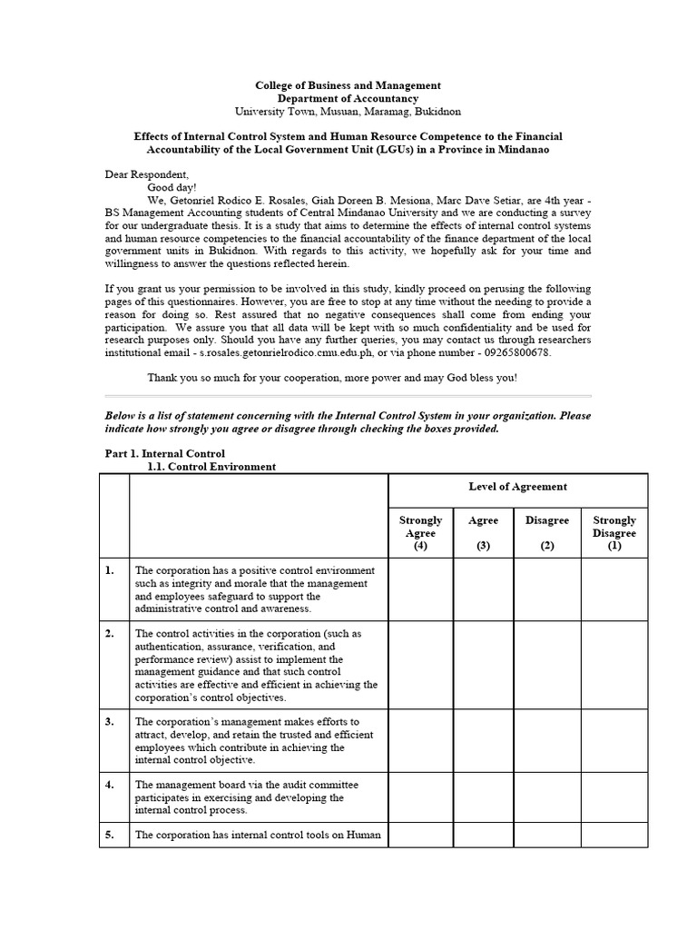 Questionnaire College of Business and Management | PDF | Internal ...
