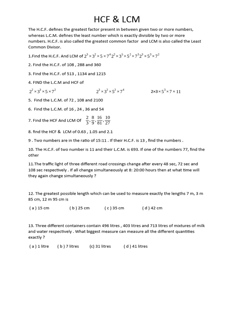 Hcf Lcm Calculation Pdf Discrete Mathematics Number Theory