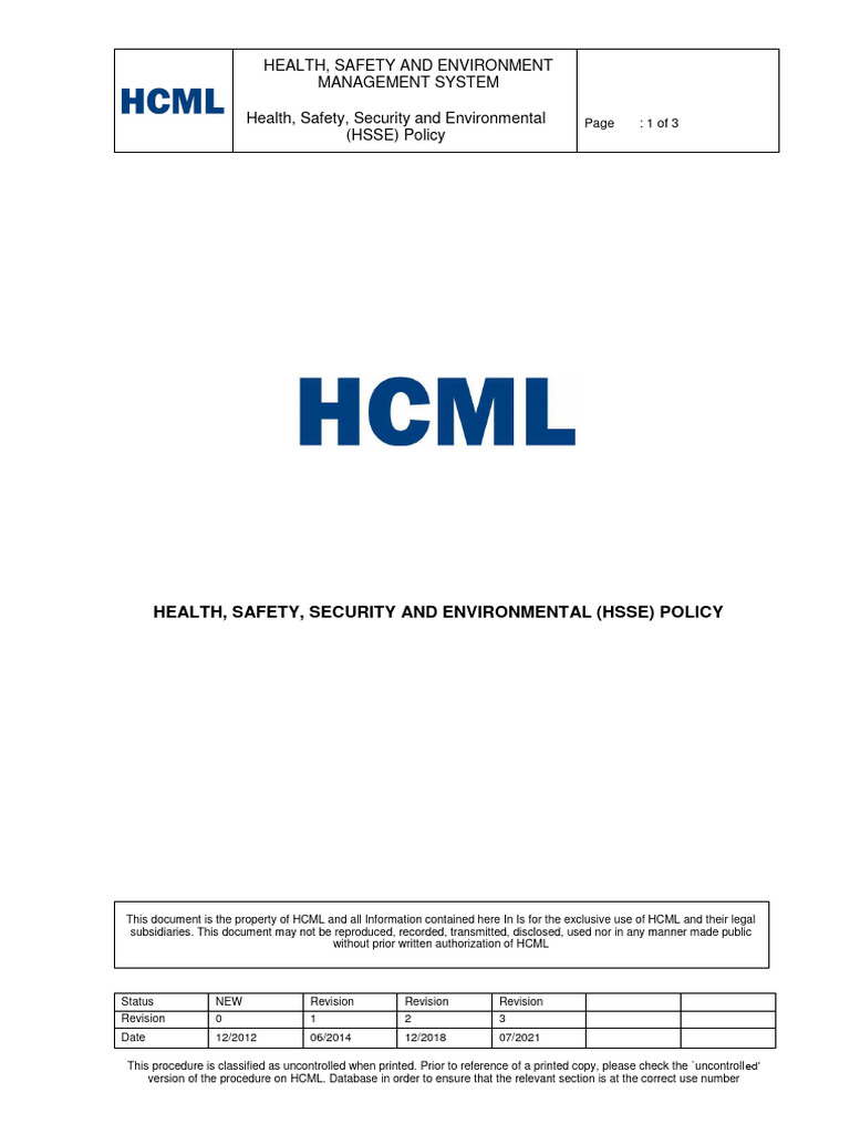 12.3. Exhibit CC - HSSE Policy - Signed Jul 2021 | PDF | Emergency | Risk