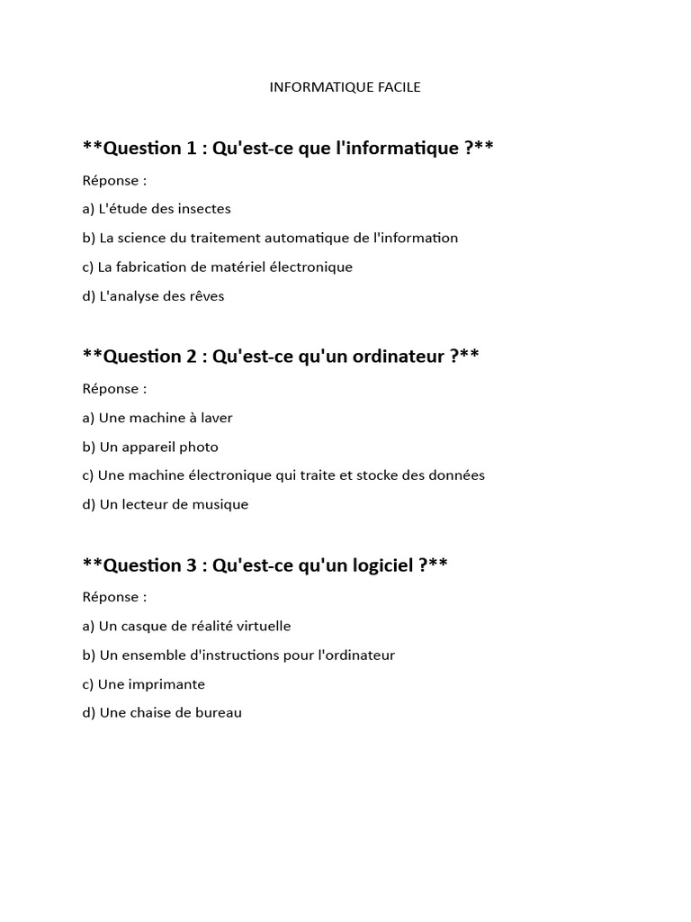 Quiz Informatique pour Débutants | PDF | Informatique | Matériel de bureau