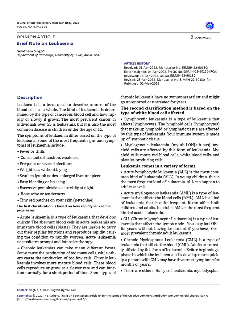 Brief Note On Leukaemia PDF Leukemia Diseases And Disorders
