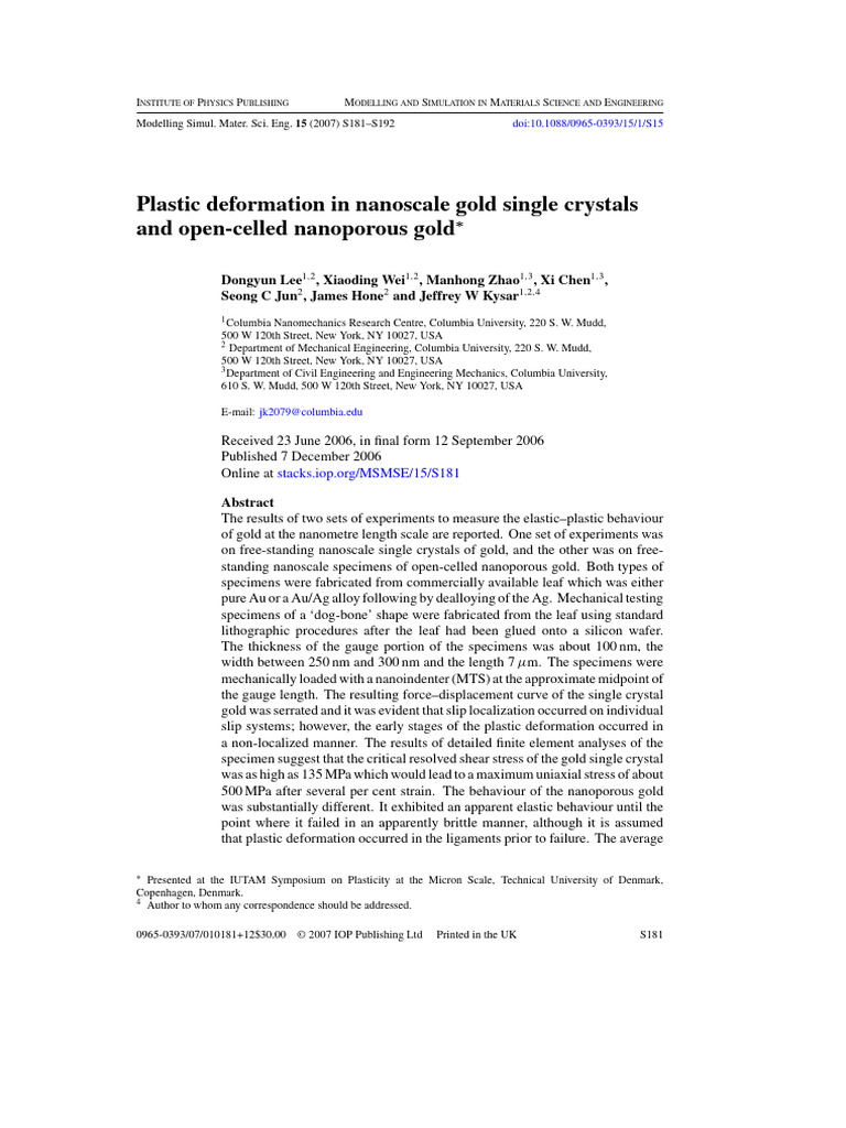 Plastic Deformation in Nanoscale Gold Single Cryst | PDF | Plasticity ...