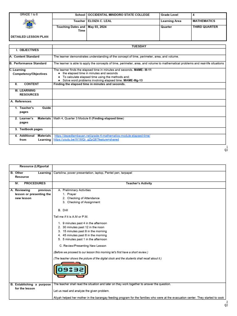 Math Lesson Plan Elapsed Time PDF Learning Lesson Plan