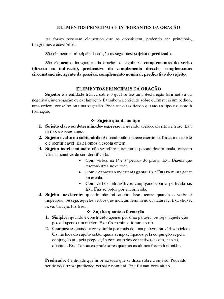 Estrutura e Elementos da Oração | PDF | Assunto (gramática) | Mecânica ...