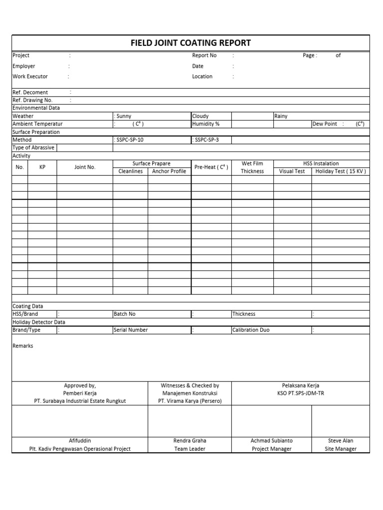 Field Joint Coating Report Summary | PDF