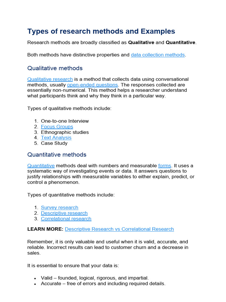 Types of research methods and Examples | PDF